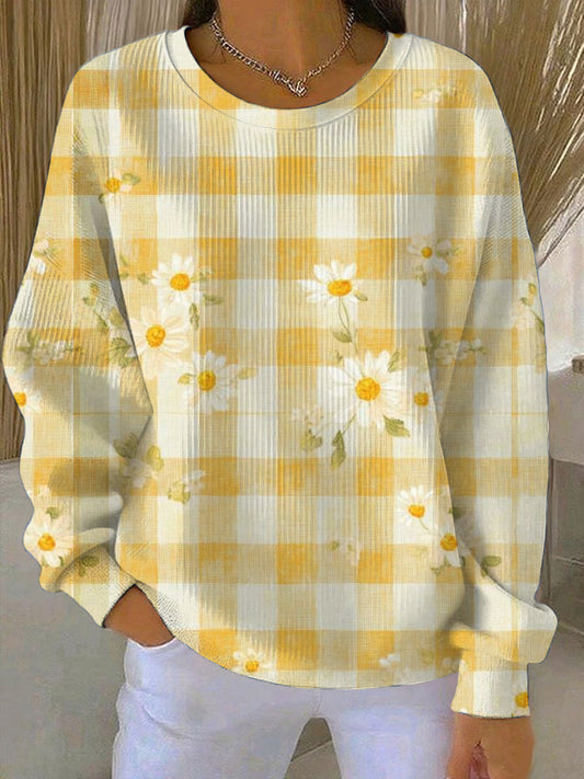 Dámské veselé žluté gingham daisy tisk mikina
