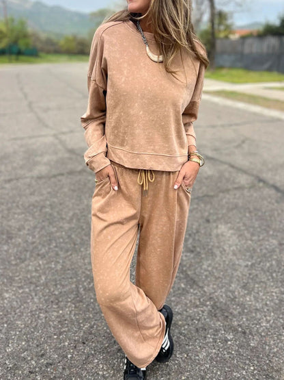Women casual fashion laceup round neck pantsuit s dlouhým rukávem