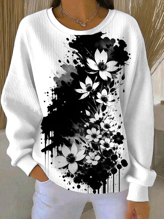 Dámské edgy black & white floral ink print sweatshirt
