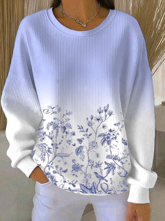 Dámské elegantní modré květinové gradient tisk sweatshirt