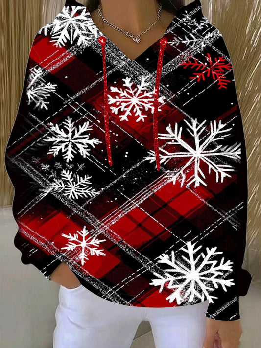 Dámské vánoce cool snowflake print redblack plaid hoodie