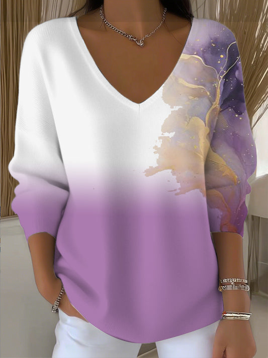 Dámské sny fialově bílý gradient art print vneck svetr
