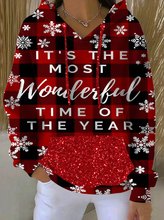 Women's festive "its the most wonderful time of the year" snowflake print hoodie