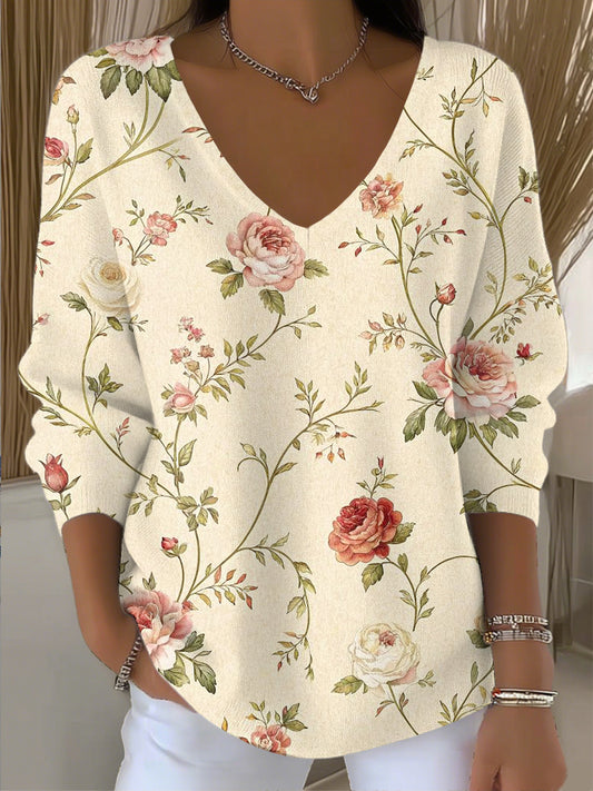Ženy vintage romantické růže květinové umění vneck top