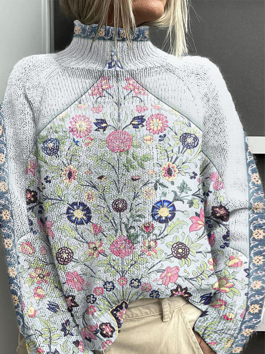 Dámské světle modré tradiční květinové pletené jumper