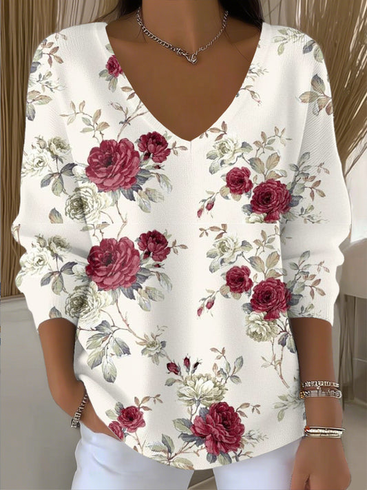 Ženy vintage abstraktní růže květinové umění vneck top