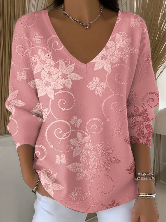 Ženy vintage gradient floral art vneck top