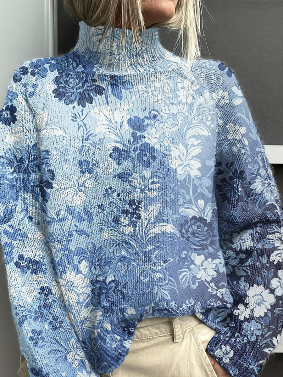 Ženské vintage gradient floral art highneck svetr