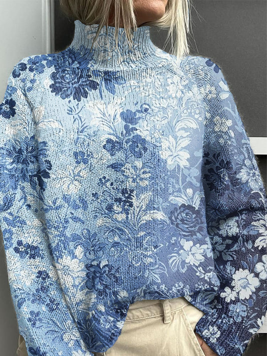 Ženské vintage gradient floral art highneck svetr