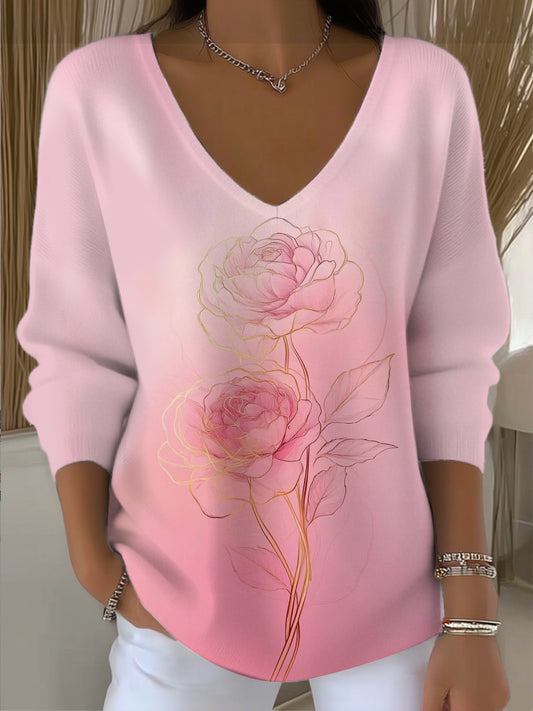 Dámské elegantní pink rose vneck svetr