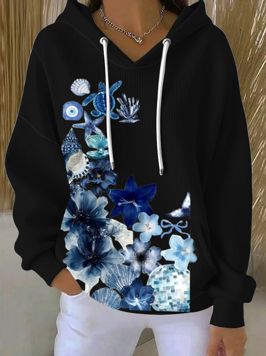 Dámské oceánské styl květinové & mořské stvoření hoodie