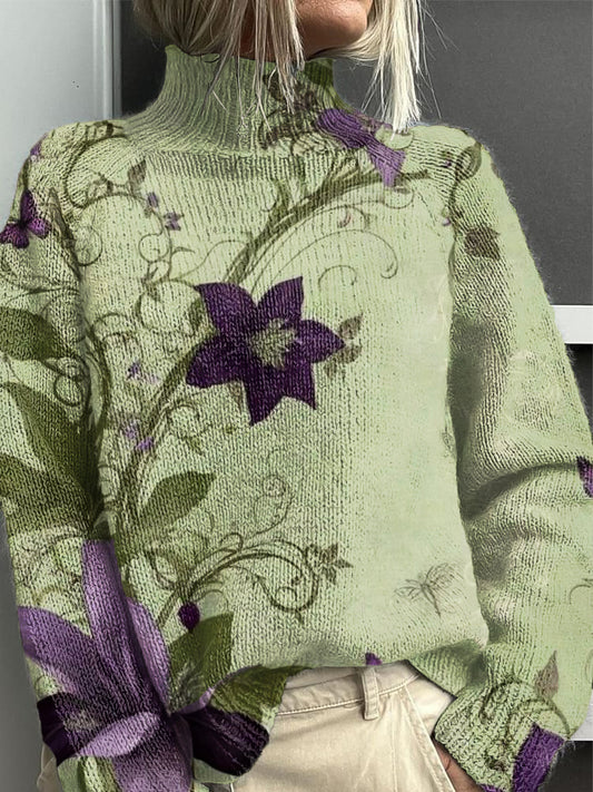 Ženské vintage romantické květinové umění vysokého krku svetr