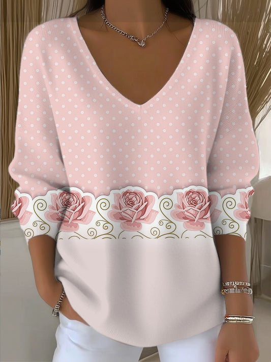 Dámské polka dot & rose print vneck svetr
