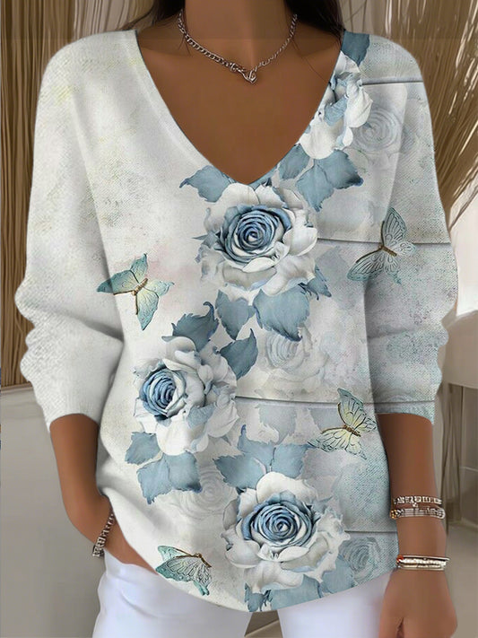 Dámské blue rose & butterfly print vneck svetr