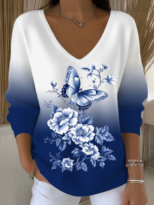 Dámské gradient blue floral & butterfly vneck svetr