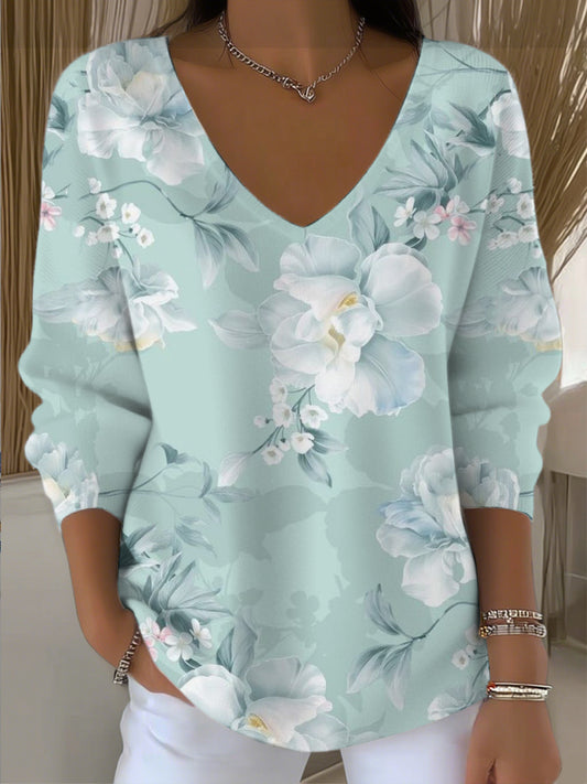 Dámské čerstvé mint květinové vneck svetr