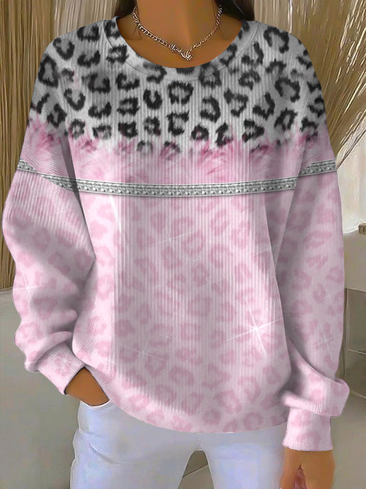 Ženy vintage gradient leopard tisk příležitostné posádka krku pulóver