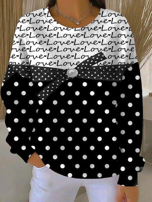 Ženy vintage polka dot luk příležitostné posádky krku pulóver