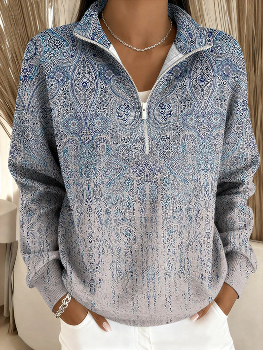 Ženy vintage gradient etnické tisk příležitostný stojan golier pullover