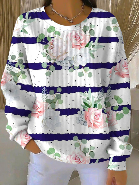 Dámské elegantní květinový pruh casual crewneck pullover