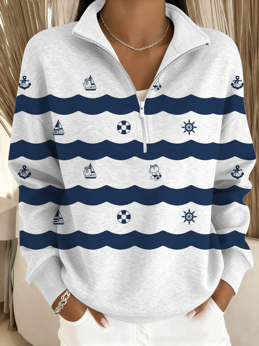 Dámské námořníthemed wave striped standcollar sweatshirt