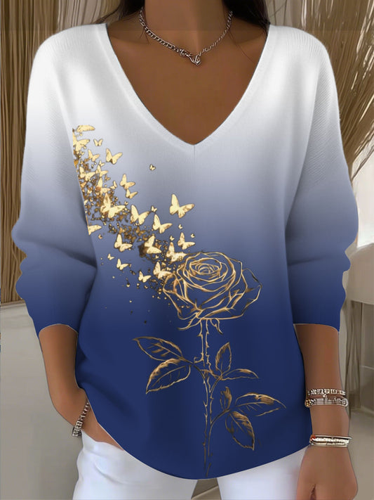 Dámské golden rose and butterfly gradient vneck svetr