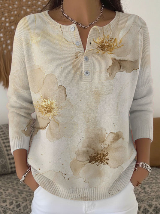 Dámské zlaté květinové béžové henley svetr