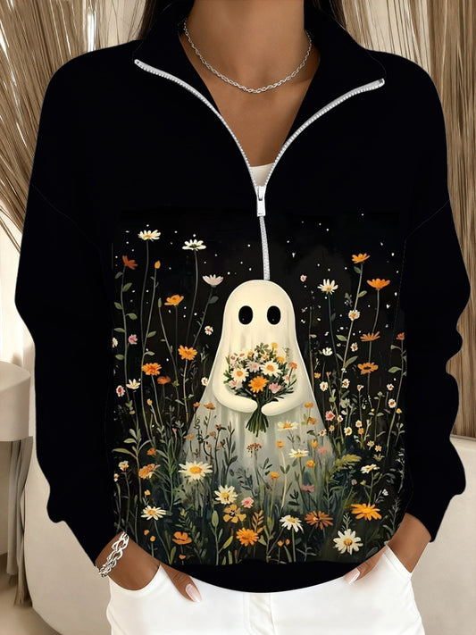 Dámské halloween roztomilý duch a květinový stojangolier mikina
