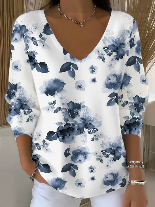 Dámské elegantní modré květinové vneck svetr
