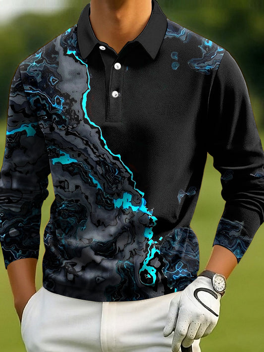 Pánské vintage abstraktní pruh texturované polo s dlouhým rukávem