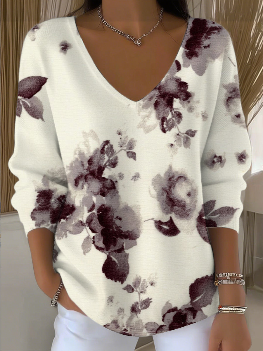Ženské důstojné burgundské květinové vneck svetr