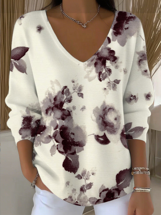 Ženské důstojné burgundské květinové vneck svetr