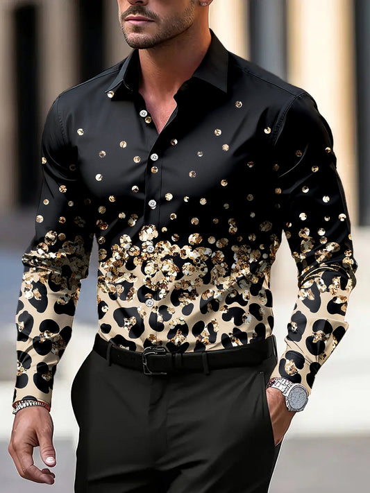 Men vintage leopard print gradient casual business shirt