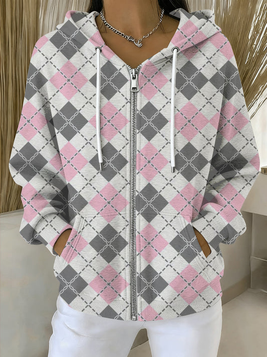 Dámské krásné růžové a šedé argyle zipup hoodie