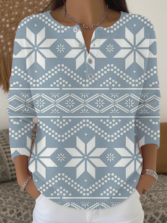 Dámské světle modré sněhové vločky henley svetr