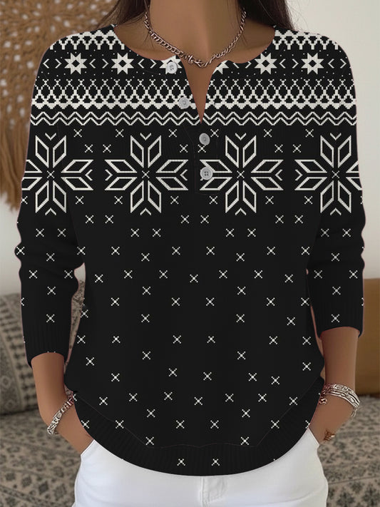 Dámské černé a bílé sněhové vločky henley svetr