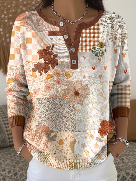 Ženy vintage květinové patchwork umění vneck top