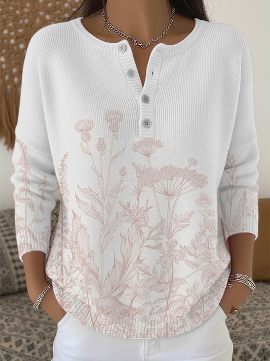 Dámské měkké růžové botanické henley svetr