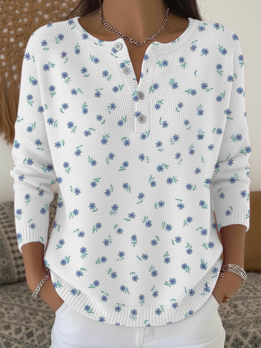Dámské malé modré květinové henley svetr