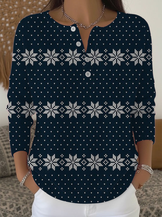 Dámské elegantní námořní sněhová vločka henley svetr