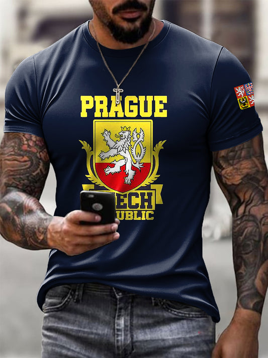 Pánské vintage vlajka prahy emblém umění příležitostné tričko