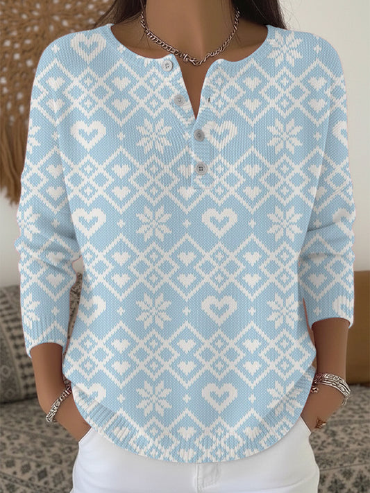 Dámské jemné modré srdce snowflake henley svetr