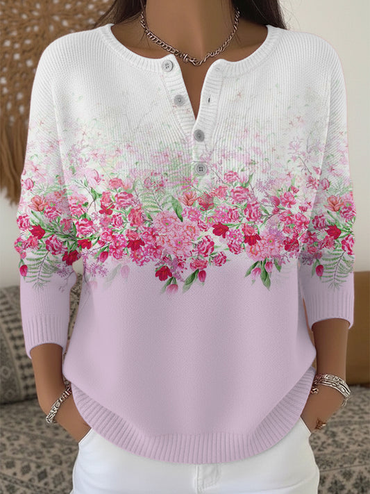 Dámské sladké růžové květinové henley svetr