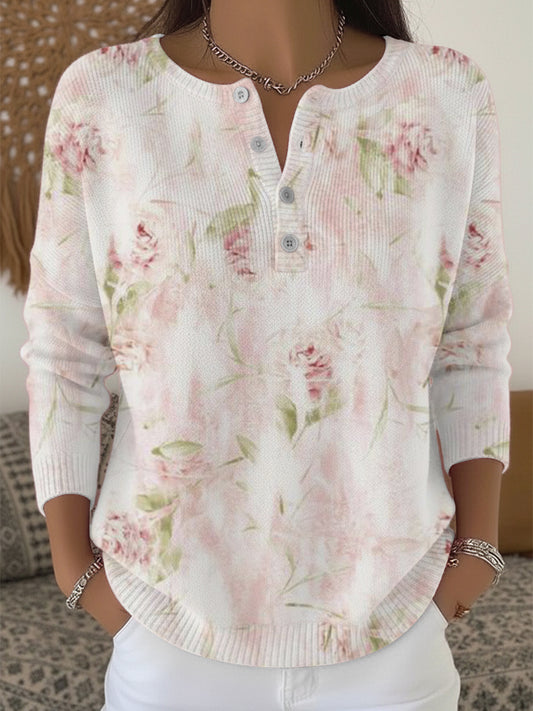 Dámské jemné růžové květinové henley svetr