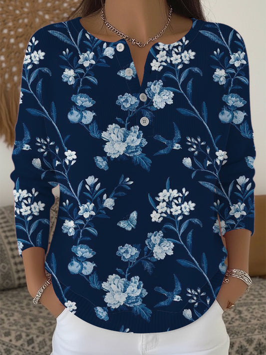Dámské elegantní modré květinové pták henley svetr