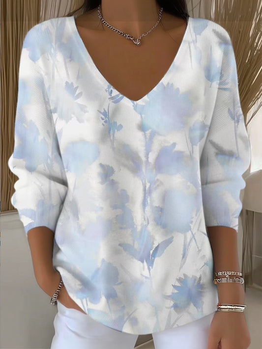 Dámské elegantní modré květinové vneck svetr