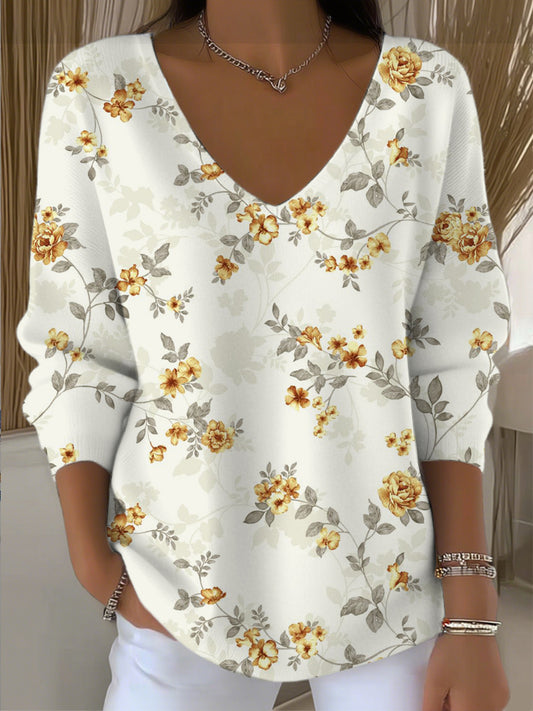 Dámské okouzlující žluté květinové vneck svetr