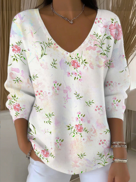Dámské čerstvé růžové květinové vneck svetr