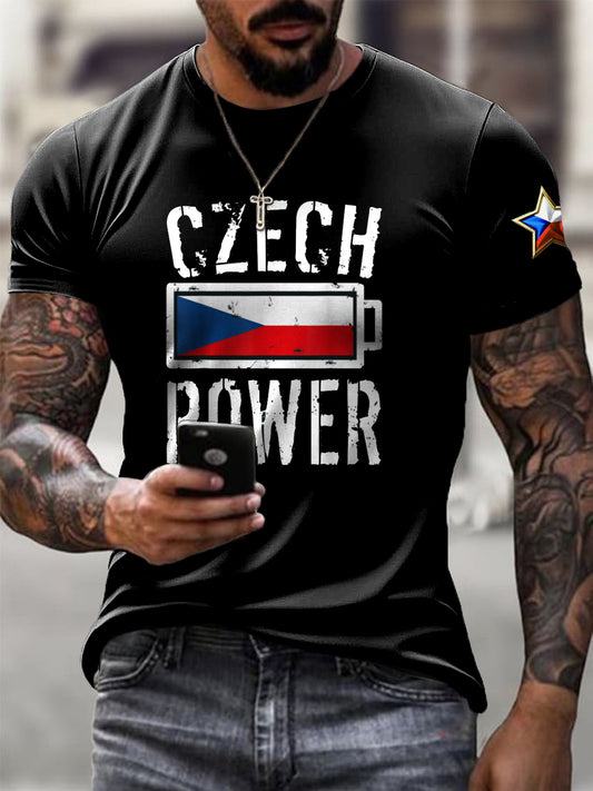 Pánské retro česká power baterie vlajka příležitostné tričko