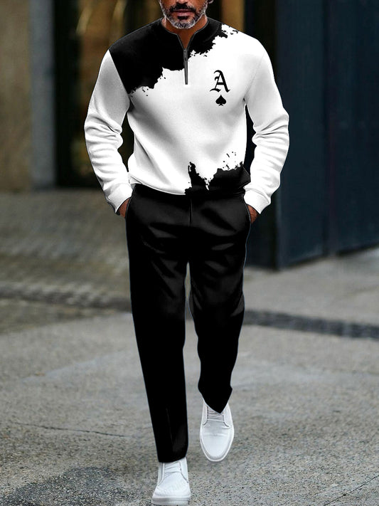 Pánské vintageinspirovaný inkoustumytý minimalistický polo dlouhé kalhoty sada